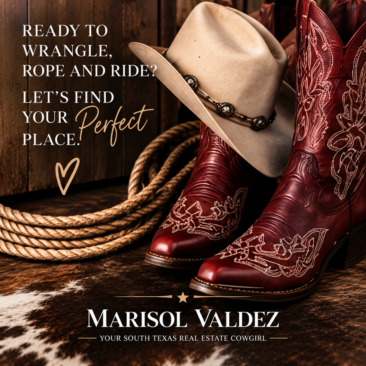 Marisol Valdez brand artwork with oxblood western boots, a cream hat, and the MV monogram