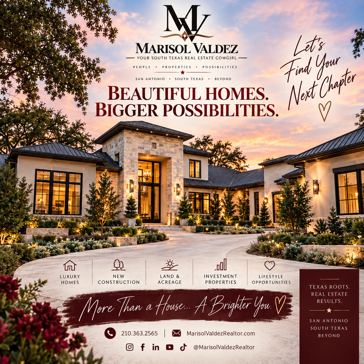 Marisol Valdez luxury brand artwork: Beautiful homes, bigger possibilities, with the MV monogram and South Texas Real Estate Cowgirl identity